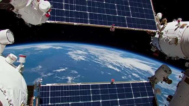Station view Earth's curve, solar panels, and white module structures in space