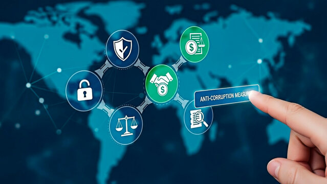 A hand interacting with anti-corruption measures on a global network