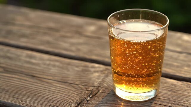 A glass of beer sits on a wooden table. The glass is half full and the liquid inside is golden in color. Concept of relaxation and enjoyment