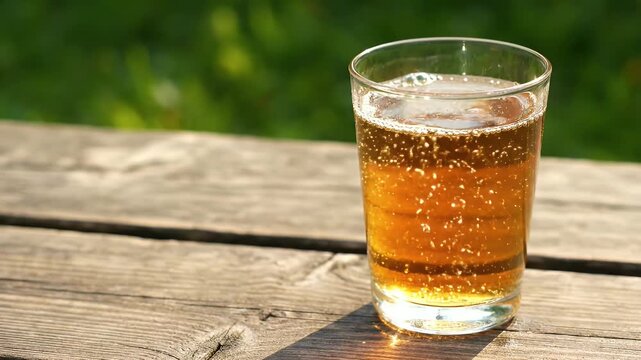 A glass of beer sits on a wooden table. The glass is half full and the beer is clear