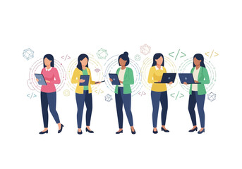 Obraz premium Diverse women collaborating on software development projects in a modern digital environment, showcasing teamwork and technological expertise.