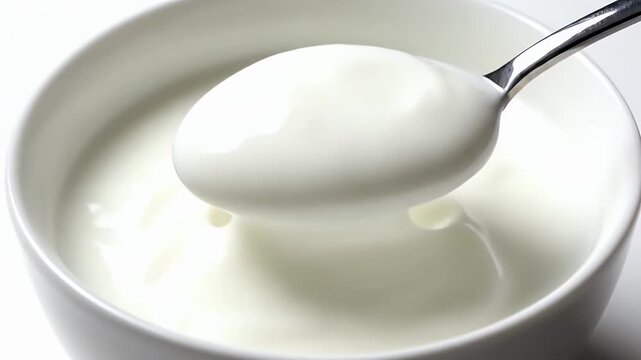 A spoon is scooping up some yogurt from a white bowl. The spoon is made of silver and the bowl is white