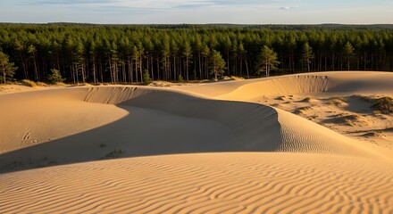 Golden sand dunes meet lush green forest under a clear sky.