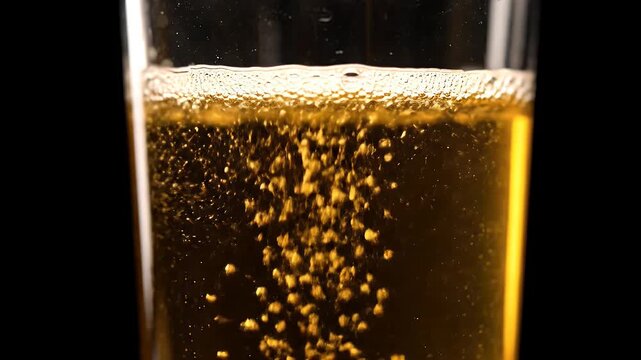 A glass of beer with foam on top. The foam is bubbling and the beer is golden in color
