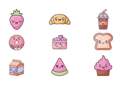 Kawaii Cute Food Characters Illustration Set