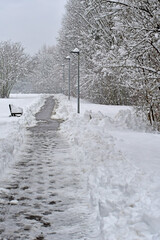 winter scene with street lantern and snowy landscape © hjschneider