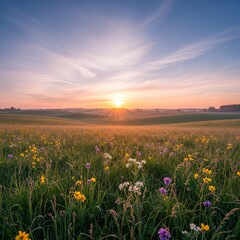 Obraz premium Sunrise over a field with flowers in the countryside during early morning
