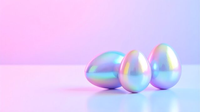 Stunning group of iridescent, holographic Easter eggs reflecting a spectrum of pastel colors. Eye-catching visual for fashion-forward marketing or cosmetic brand promotions.