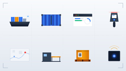 Logistics and supply chain management icons set featuring cargo ship shipping container barcode scanner and warehouse equipment