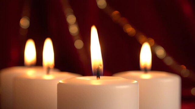 Four white pillar candles burning with steady flames on a dark red background with golden bokeh holiday lights