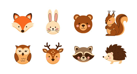 Fototapeta premium Cartoon forest animal faces collection