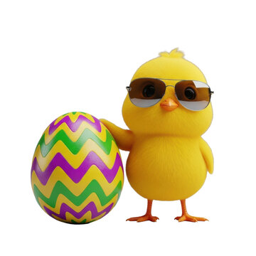 Photorealistic 3d illustration of a fluffy, vibrant yellow baby chick wearing stylish dark sunglasses, posing with a glossy, ornate easter egg on a transparent background. Festive easter holiday fun