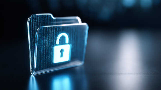 Glowing digital folder with padlock showing binary code. Data cyber security and confidential document protection for business.