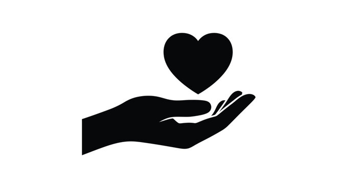 A black silhouette of a hand gently holding a heart shape