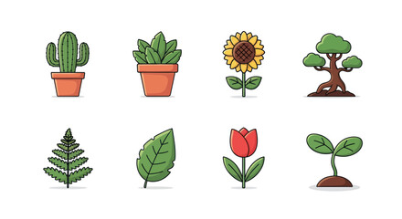 Cartoon plants and flowers set