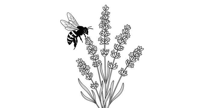 Hand-drawn bee approaching lavender flowers in black and white sketch style