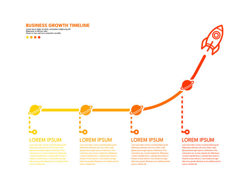 Business growth timeline with rocket launch, professional infographic with orange gradient planets. Vector illustration