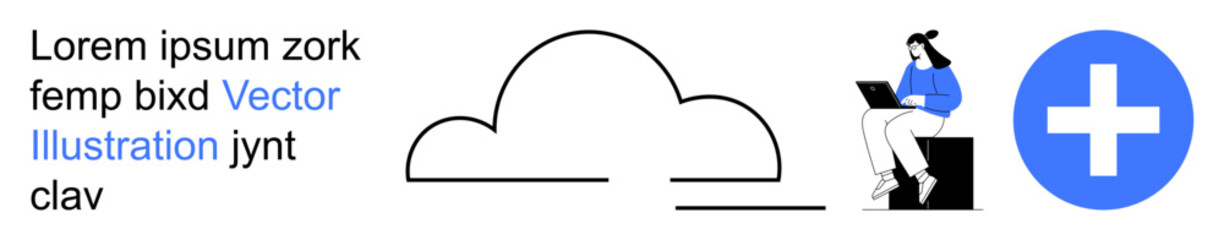 Obraz premium Cloud storage, remote work, healthcare tech, data sharing, technology, online collaboration. Illustrated figures with cloud icons and a medical symbol. Cloud storage and healthcare tech concept