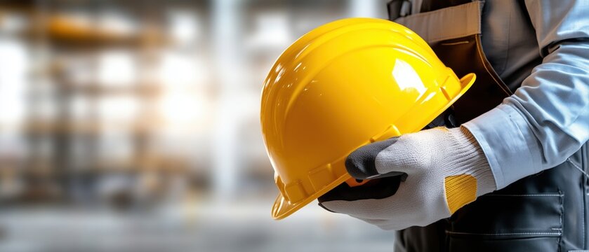 Worker holding bright yellow safety helmet in hands against blurred construction site background. Horizontal banner with copy space for text, building industry and workplace safety concept