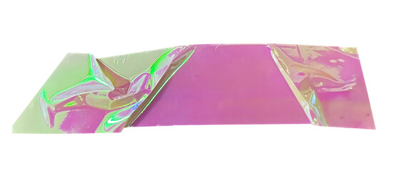 Crumpled torn pieces of pink and yellow holographic tape, iridescent adhesive shiny masking tape, sticky torn neon metallic foil texture on transparent background, y2k design