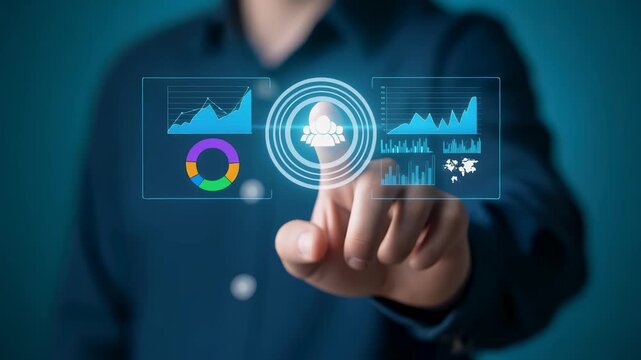 Digital dashboard display marketing data analysis with chart, graph, segmentation and target indicator as a hand selects a user icon, representing insight, strategy, and AI-driven decision process.