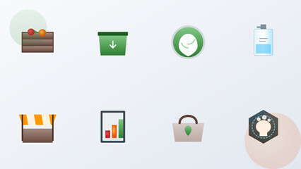Collection of eco friendly shopping and sustainability icons including organic food recycling and green energy symbols on white background