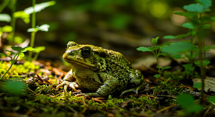 Obraz premium A large green toad sits on the forest floor surrounded by moss and foliage in 16667.JPG