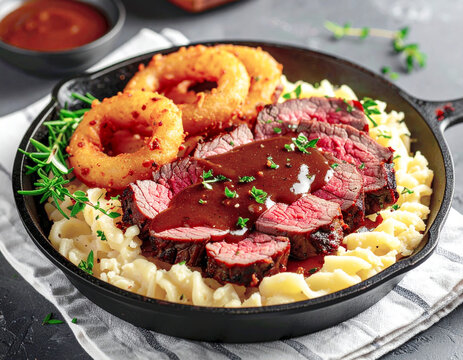 Dry aged roast beef, onion rings, and mashed parsnips, skillet. AI
