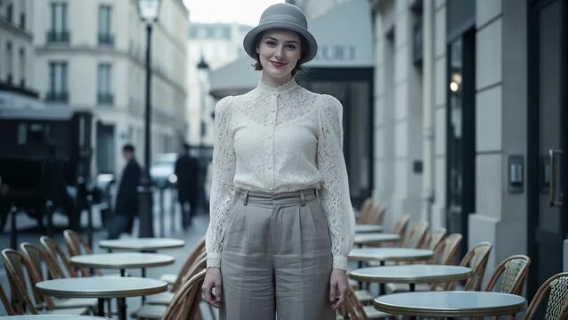 Elegant Woman Wearing Retro Hat and Lace Blouse Standing Outdoors at Parisian Cafe