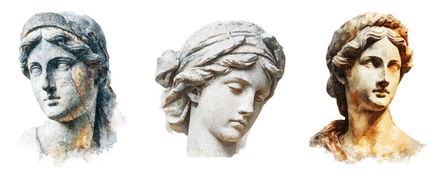 Three watercolor style marble busts of greco roman goddesses, evoking classical beauty, weathered texture and timeless elegance on a clean white background