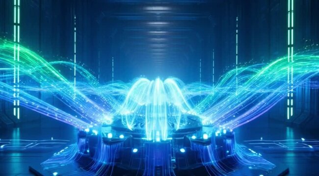 Cinematic futuristic data center corridor featuring a glowing blue energy wave forming around a central AI core. Advanced artificial intelligence system visualization, high-speed data processing, quan