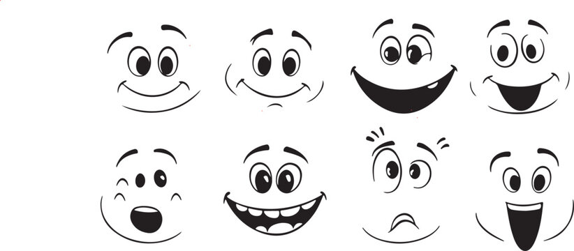 Black and white cartoon faces and eyes vector illustration