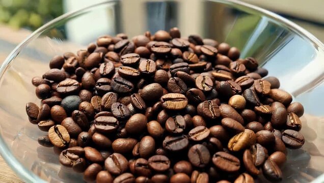 warm 4K coffee close up featuring large quantity of fresh dark coffee beans neatly contained within transparent glass plate captured in close proximity to evoke inviting atmosphere of morning and