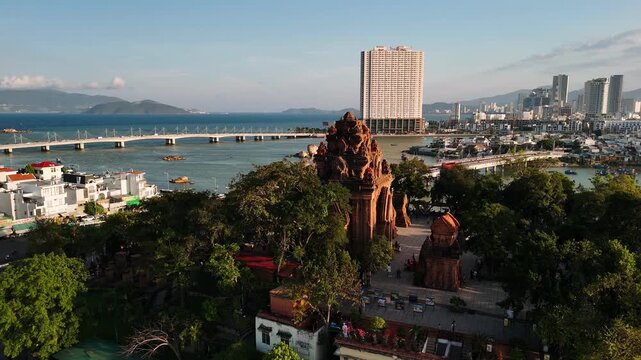 Aerial view of po nagar cham towers in nha trang vietnam showcasing the cityscape of sunny day
