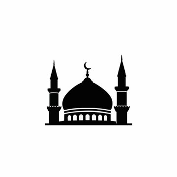 Black Silhouette Of A Mosque With Two Minarets And A Dome Under A Crescent Moon Emblem Centered On A White Background