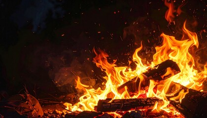 Burning campfire at night with bright orange flames and sparks in the forest