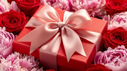 Red Gift Box with Ribbon Surrounded by Flowers.