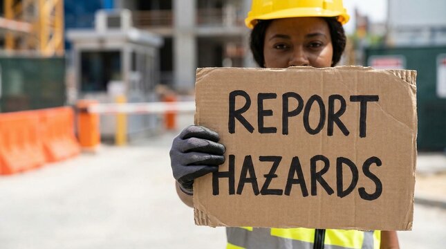 A Nigerian woman in a construction site holding a sign that says Report Hazards for workplace safety.