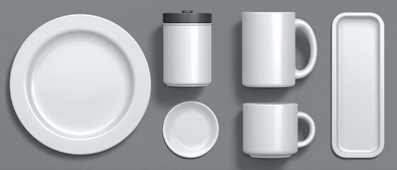 Assortment of white ceramic dishware and serving pieces on a neutral surface