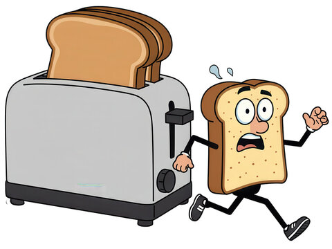 Cartoon bread escapes toaster in funny kitchen scene