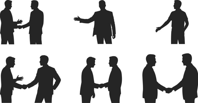 Businessmen silhouettes shaking hands and introducing themselves in professional suits, corporate partnership and deal concept, cad drawing flat vector illustration, isolated icons,