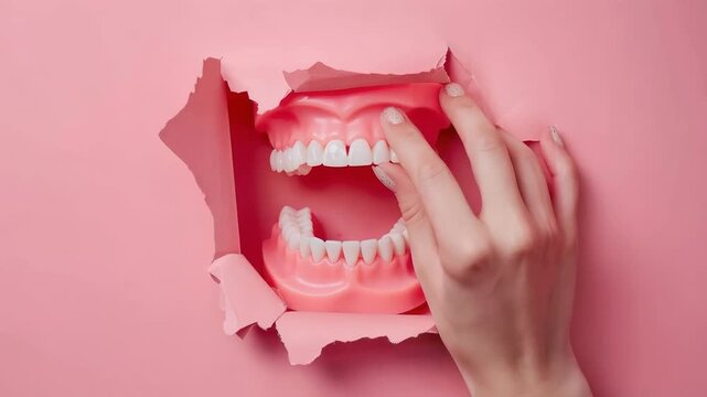 A model of a jaw with perfect teeth, displayed by hand on a pink background, clearly illustrates dental services and can serve as the main background for medical presentations or clinic advertising.

