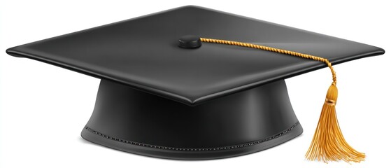 Black graduation mortarboard with gold tassel isolated on white background