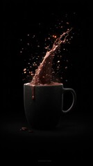Dramatic coffee splash in a mug against black background