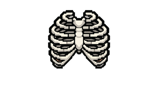 Pixel art human rib cage icon, a stylized anatomical illustration. Depicts a bone structure concept with a retro 8-bit aesthetic, ideal for medical, educational, or gaming design