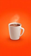 Steaming white mug of coffee on vibrant orange background with copy space