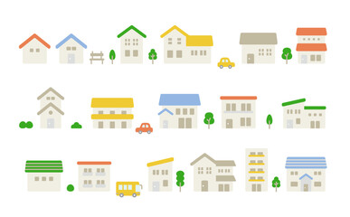 Flat residential house icon set with solid color fill