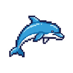 Fototapeta premium Vibrant pixel art illustration of a playful blue dolphin gracefully leaping out of the water, showcasing a charming retro 8-bit aesthetic perfect for games and digital designs