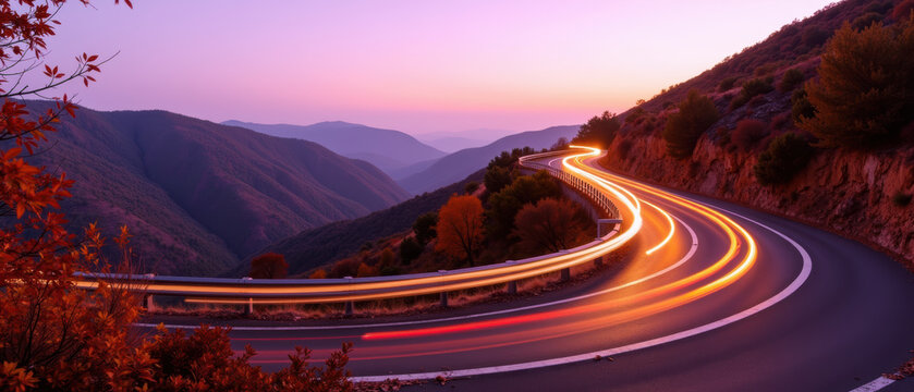 Curved road mountain sunset light trail autumn landscape twilight scenic travel serene. Curved road with light trails winds through mountain