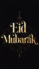 Social media post design with Eid Mubarak written on black background Arabic pattern style